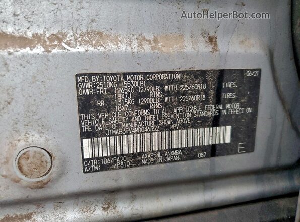 JTMAB3FV4MD046352 2021 TOYOTA RAV4 Серебряный Вид наклейки с VIN-кодом
