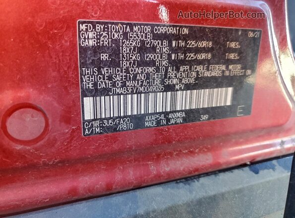 JTMAB3FV7MD049035 2021 TOYOTA RAV4 Red Vista de la etiqueta del VIN