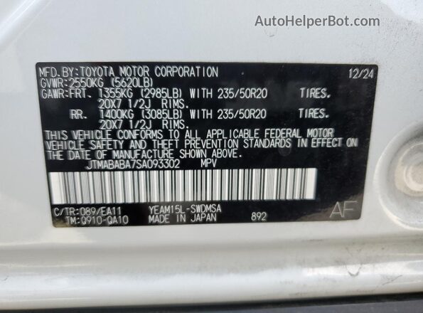 JTMABABA7SA093302 2025 SUBARU SOLTERRA White Vista de la etiqueta del VIN