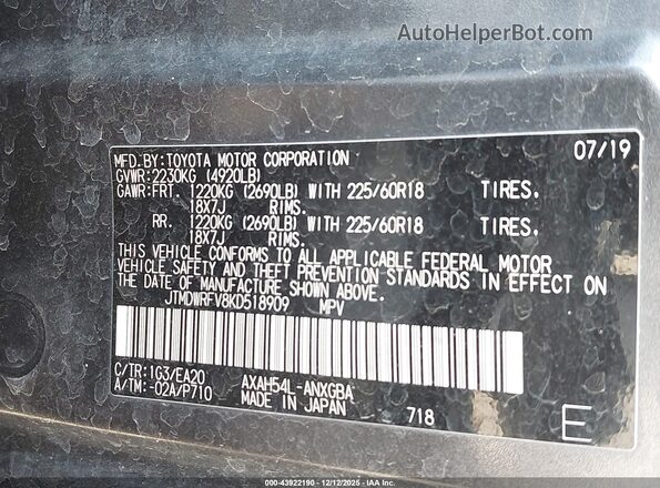 JTMDWRFV8KD518909 2019 TOYOTA LIMITED Серый Вид подкапотного пространства