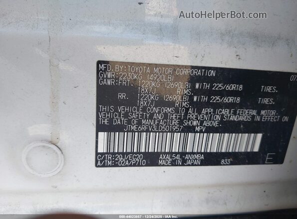 JTME6RFV3LD501957 2020 TOYOTA RAV4 HYBRID White Widok komory silnika