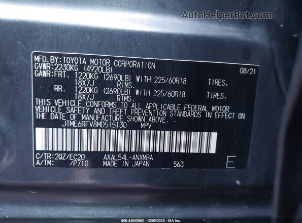 JTME6RFV8MD515130 2021 TOYOTA RAV4 HYBRID Серый Вид подкапотного пространства