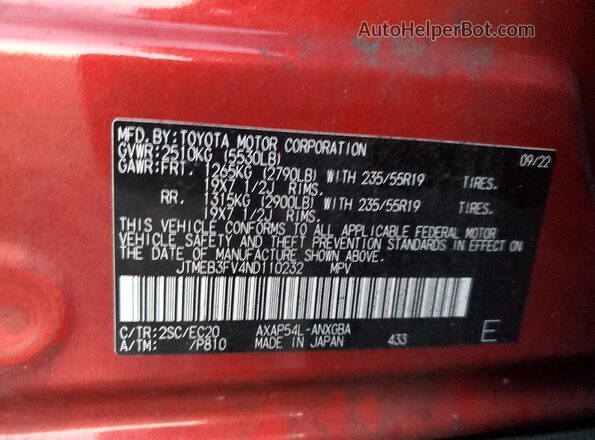 JTMEB3FV4ND110232 2022 TOYOTA RAV4 Красный Вид наклейки с VIN-кодом