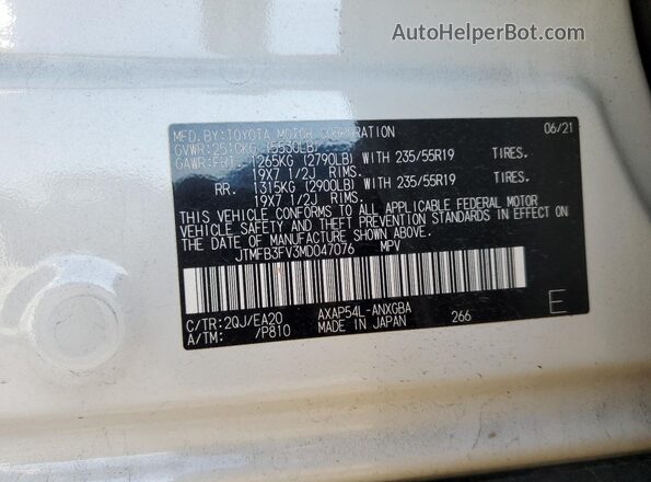 JTMFB3FV3MD047076 2021 TOYOTA RAV4 White VIN კოდის სტიკერის ხედი