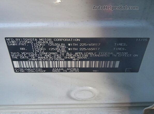 JTMRFREV1GD179098 2016 TOYOTA LE White Vista de la etiqueta del VIN