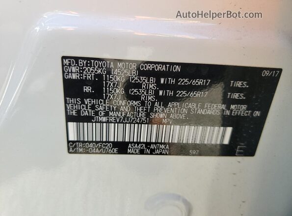 JTMWFREV7JJ724751 2018 TOYOTA RAV4 White Vista del compartimento del motor