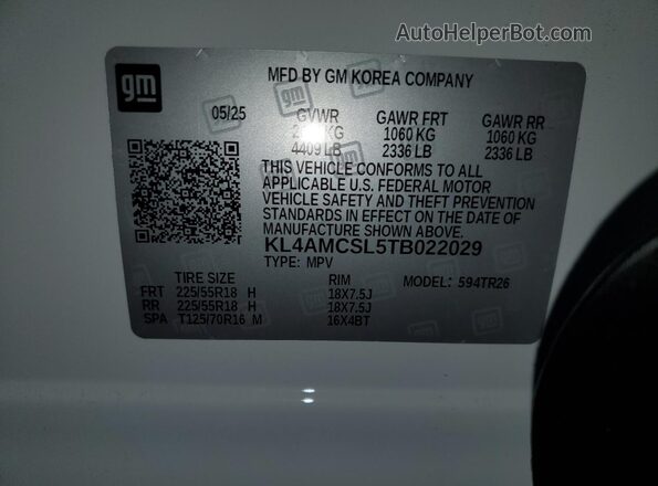 KL4AMCSL5TB022029 2026 BUICK ENCORE White Вид наклейки з VIN-кодом