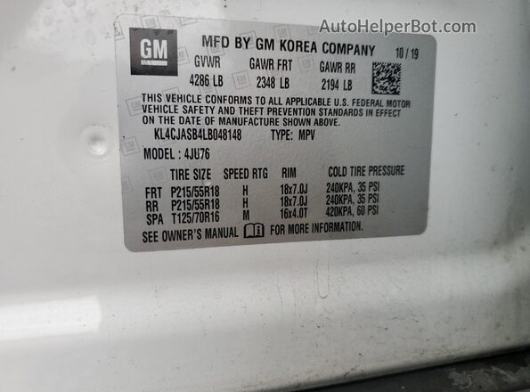 KL4CJASB4LB048148 2020 BUICK ENCORE White VIN կոդի պիտակի տեսք