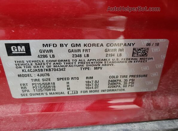 KL4CJASB7KB704342 2019 BUICK ENCORE Red Vista del compartimento del motor