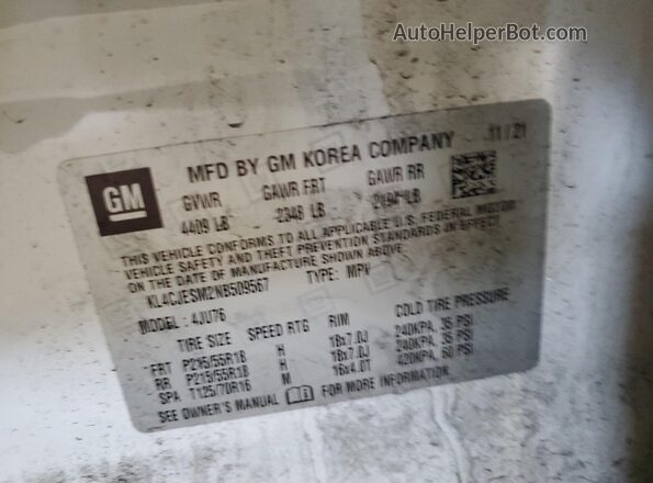 KL4CJESM2NB509567 2022 BUICK ENCORE Белый Вид наклейки с VIN-кодом