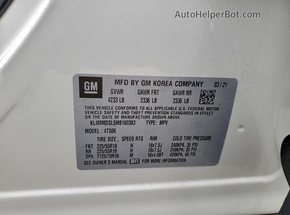 KL4MMDSL5MB160383 2021 BUICK ENCORE White Widok naklejki z numerem VIN