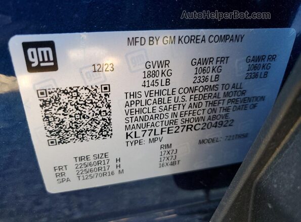 KL77LFE27RC204922 2024 CHEVROLET TRAX Синий Вид наклейки с VIN-кодом