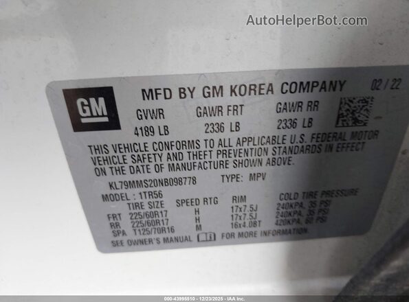 KL79MMS20NB098778 2022 CHEVROLET TRAILBLAZER White Widok komory silnika
