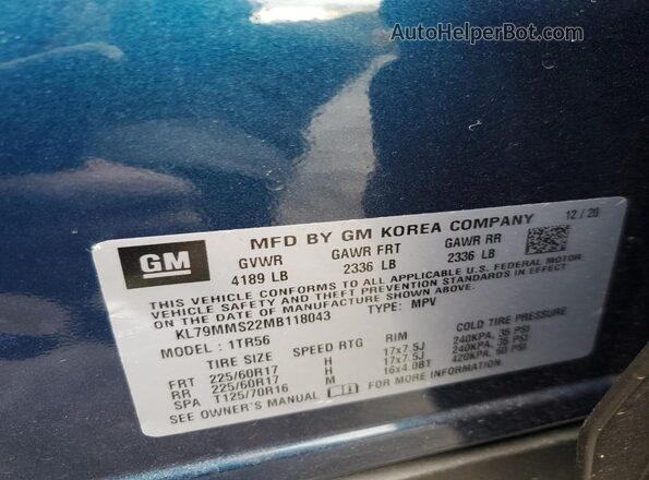 KL79MMS22MB118043 2021 CHEVROLET TRAILBLAZER Blue Widok naklejki z numerem VIN