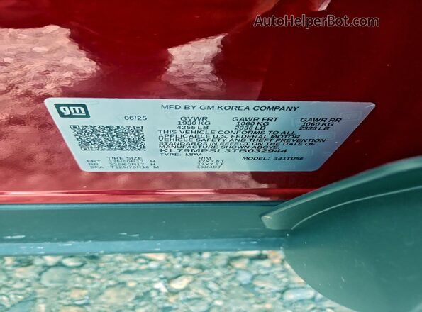 KL79MPSL3TB032944 2026 CHEVROLET TRAILBLAZER Красный Вид наклейки с VIN-кодом