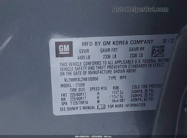 KL79MRSL2NB100956 2022 CHEVROLET TRAILBLAZER Серый Вид подкапотного пространства