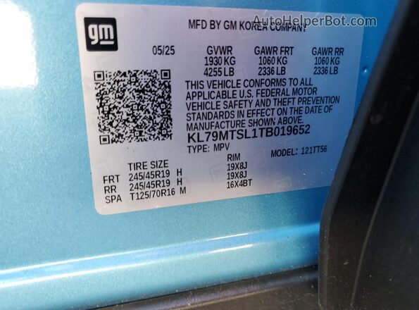 KL79MTSL1TB019652 2026 CHEVROLET TRAILBLAZER Синий Вид наклейки с VIN-кодом