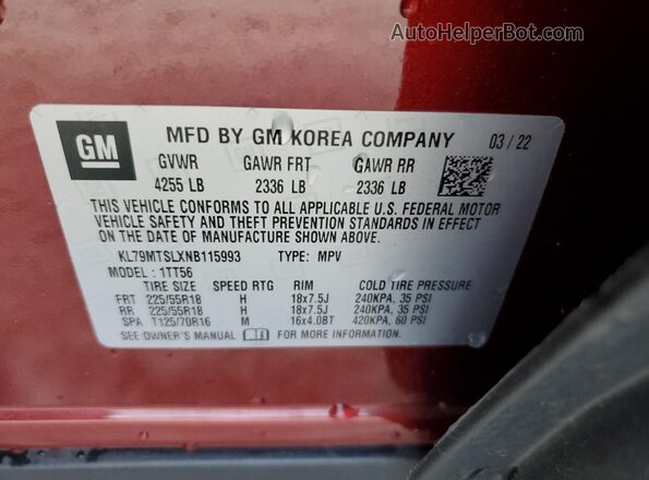 KL79MTSLXNB115993 2022 CHEVROLET TRAILBLAZER Burgundy Vista del compartimento del motor