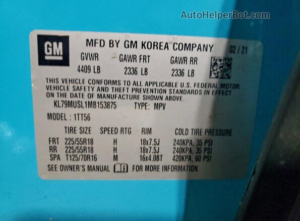 KL79MUSL1MB153875 2021 CHEVROLET TRAILBLAZER Бирюзовый Вид наклейки с VIN-кодом