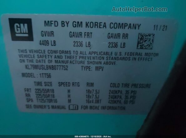 KL79MUSL8NB077752 2022 CHEVROLET TRAILBLAZER Синий Вид сзади