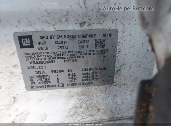 KL7CJKSB8LB028882 2020 CHEVROLET TRAX White Widok komory silnika