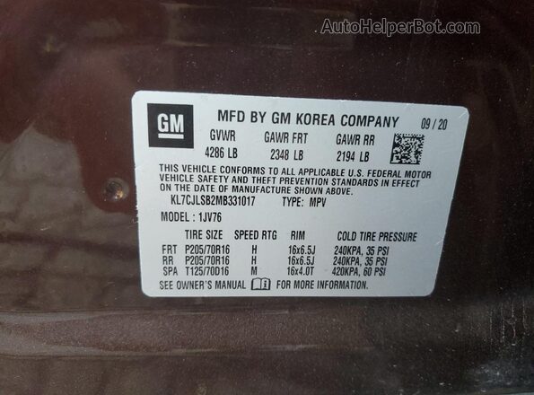 KL7CJLSB2MB331017 2021 CHEVROLET TRAX Burgundy VIN sticker view