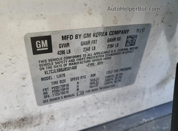 KL7CJLSB8JB581468 2018 CHEVROLET TRAX Белый 