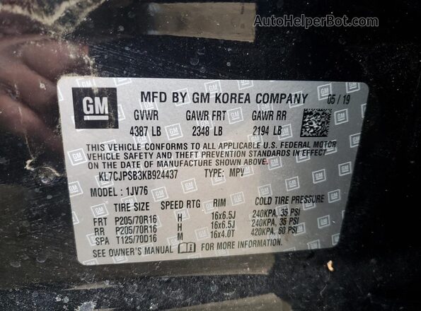 KL7CJPSB3KB924437 2019 CHEVROLET TRAX Black VIN sticker view