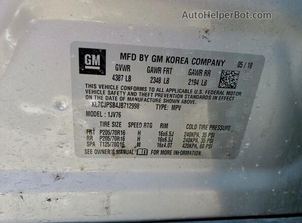 KL7CJPSB4JB712998 2018 CHEVROLET TRAX Silver VIN sticker view