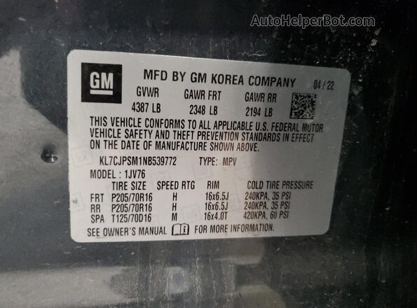KL7CJPSM1NB539772 2022 CHEVROLET TRAX Серый Вид наклейки с VIN-кодом