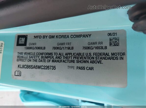 KL8CB6SA6MC226735 2021 CHEVROLET SPARK Синий Вид подкапотного пространства