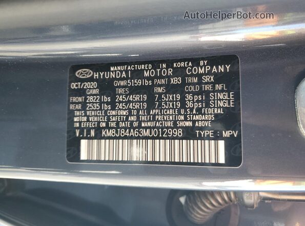 KM8J84A63MU012998 2021 HYUNDAI NEXO Blue Вид наклейки з VIN-кодом