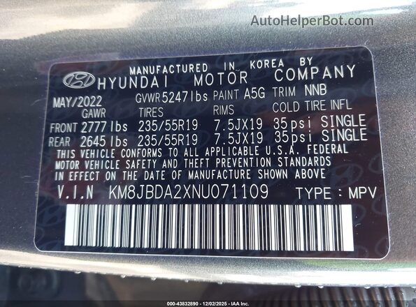 KM8JBDA2XNU071109 2022 HYUNDAI TUCSON PLUG-IN HYBRID Gray Engine compartment view