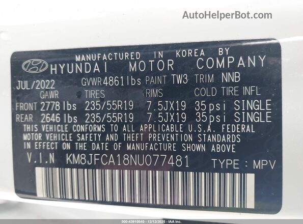 KM8JFCA18NU077481 2022 HYUNDAI TUCSON HYBRID Белый Вид подкапотного пространства