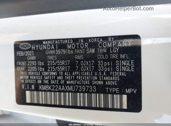 KM8K22AAXMU739733 2021 HYUNDAI KONA White ძრავის განყოფილების ხედი