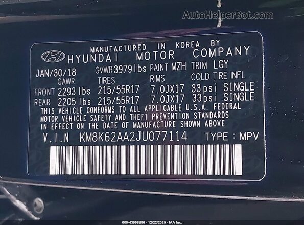 KM8K62AA2JU077114 2018 HYUNDAI KONA Черный Вид подкапотного пространства