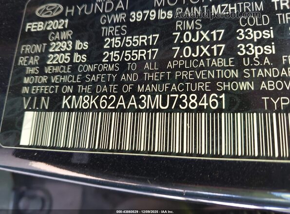 KM8K62AA3MU738461 2021 HYUNDAI KONA Black Engine compartment view