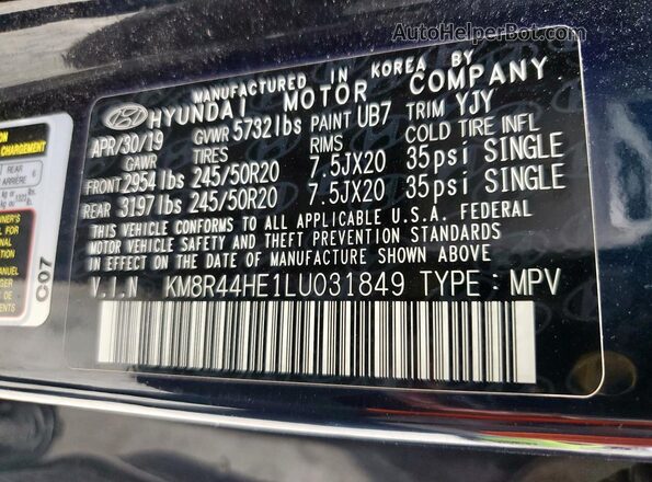 KM8R44HE1LU031849 2020 HYUNDAI PALISADE Серый Вид наклейки с VIN-кодом