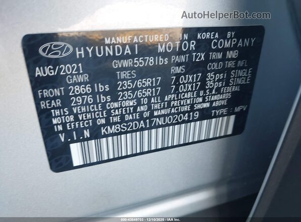 KM8S2DA17NU020419 2022 HYUNDAI SANTA FE HYBRID BLUE Silver ძრავის განყოფილების ხედი