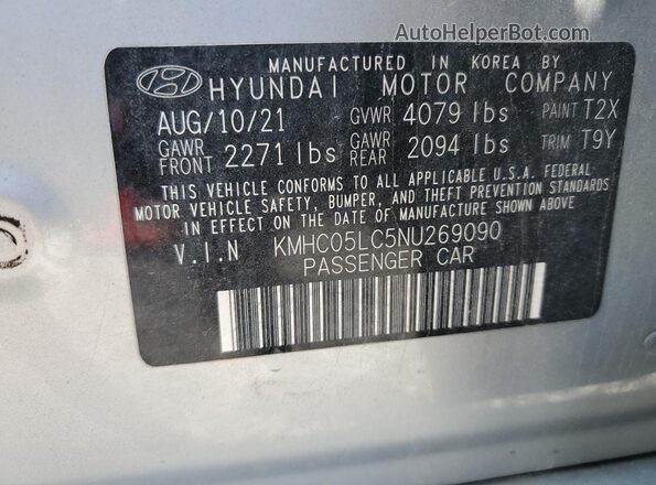 KMHC05LC5NU269090 2022 HYUNDAI IONIQ Silver VIN კოდის სტიკერის ხედი