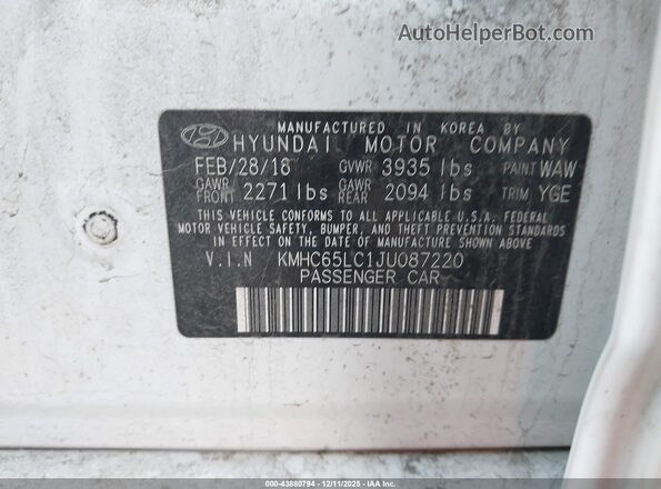 KMHC65LC1JU087220 2018 HYUNDAI IONIQ HYBRID Белый Вид подкапотного пространства