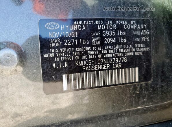 KMHC65LC7NU279778 2022 HYUNDAI IONIQ Gray VIN կոդի պիտակի տեսք
