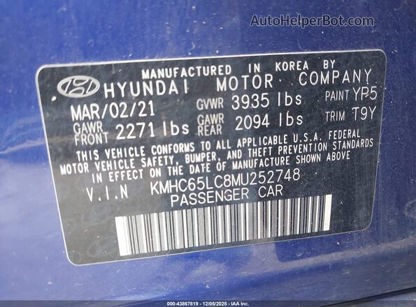 KMHC65LC8MU252748 2021 HYUNDAI IONIQ HYBRID Blue Vista del compartimento del motor