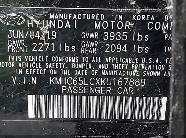 KMHC65LCXKU167889 2019 HYUNDAI IONIQ HYBRID Black Widok komory silnika