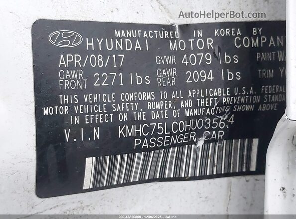 KMHC75LC0HU035634 2017 HYUNDAI IONIQ HYBRID Белый Вид подкапотного пространства