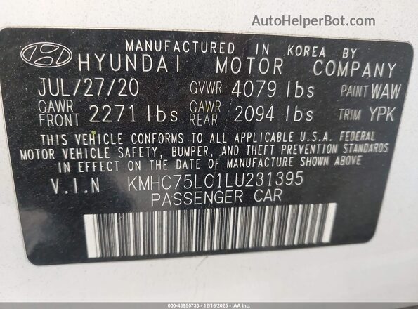 KMHC75LC1LU231395 2020 HYUNDAI IONIQ HYBRID White ძრავის განყოფილების ხედი