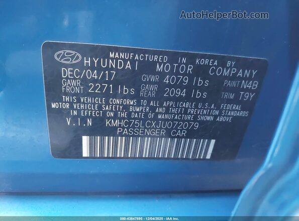 KMHC75LCXJU072079 2018 HYUNDAI IONIQ HYBRID Blue Вид підкапотного простору