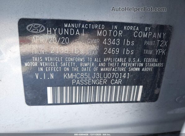KMHC85LJ3LU070141 2020 HYUNDAI IONIQ ELECTRIC Silver Widok komory silnika