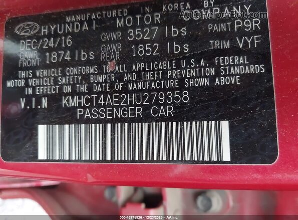 KMHCT4AE2HU279358 2017 HYUNDAI ACCENT Красный Вид подкапотного пространства