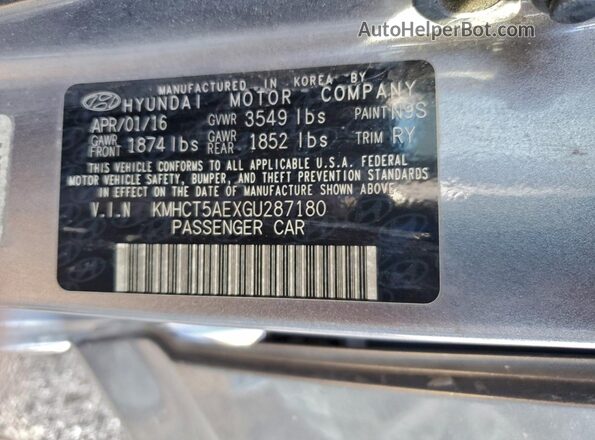 KMHCT5AEXGU287180 2016 HYUNDAI ACCENT Charcoal Вид підкапотного простору